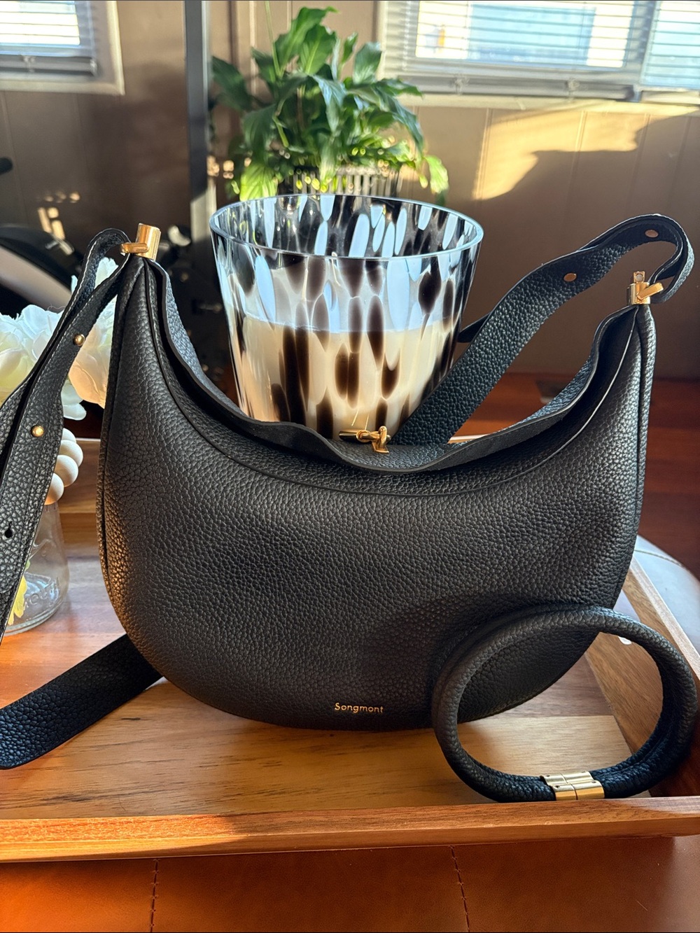 Songmont Black Pebbled Leather Crescent Hobo Shoulder Bag with Gold Accents
